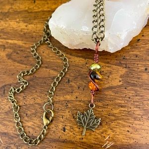 Autumn Maple Leaf Tigers Eye Charm Necklace